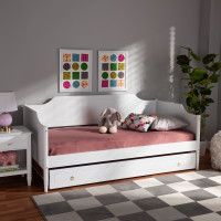 Baxton Studio MG0016-1-White-Daybed with Trundle Alya Classic Traditional Farmhouse White Finished Wood Twin Size Daybed with Roll-Out Trundle Bed
